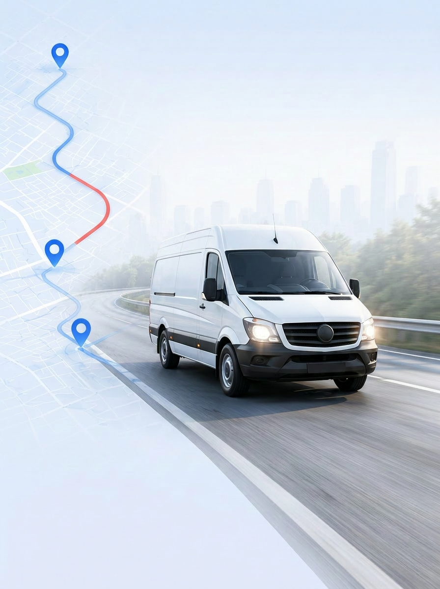 VanExo delivery van following an optimized route between map pins